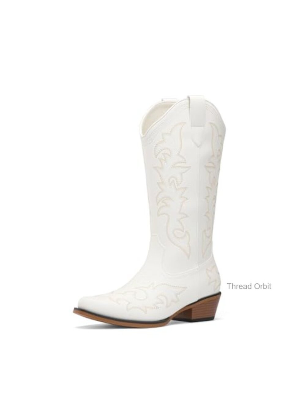 Faux Leather Western Cowgirl Boots Mid-Calf Embroidered Slip-On Block Heel Women